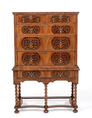 Lot 910 - A William & Mary Walnut, Ebony, Marquetry Inlaid and Oak-Sided Chest on Stand, with two short...