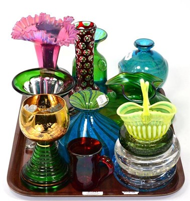 Lot 256 - A tray of glass including Mdina; St Louis green cut glass vase and other Continental pieces