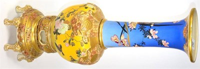 Lot 262 - A Japanese Meiji period Satsuma bottle vase on stand, the neck painted with birds and flowers...