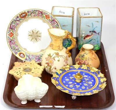 Lot 267 - A tray of Victorian ceramics including Royal Worcester blush ivory; Victorian milk glass vases...