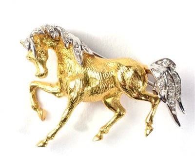 Lot 273 - A horse brooch, modelled with textured fur and a diamond set mane and tail, measures 2.3cm by...