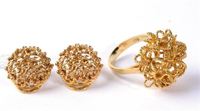 Lot 276 - A pair of 9 carat gold 1970s earrings, as beaded domes, with clip fittings and a cluster ring,...