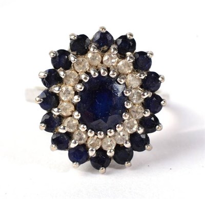 Lot 317 - An 18 carat white gold sapphire cluster ring, an oval cut sapphire within a border of round...