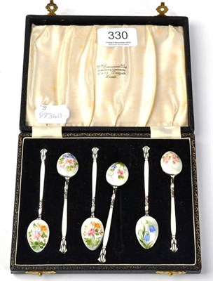 Lot 330 - A set of six silver and enamel coffee spoons, in a fitted case Henry Clifford Davis, Birmingham...