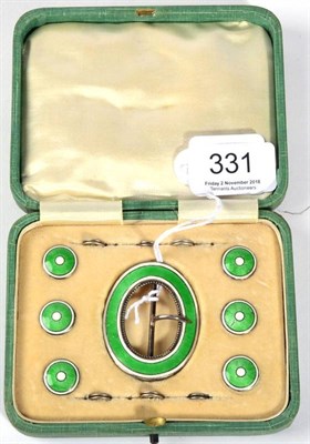 Lot 331 - An Edwardian silver and enamel buckle and button set, the buckle Levi & Salaman, Birmingham...