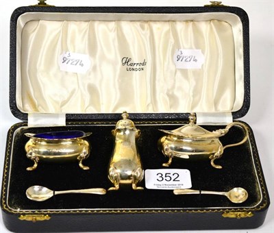 Lot 352 - A silver cruet set, cased, retailed by Harrods