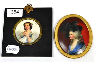 Lot 354 - A painted portrait miniature on porcelain of a classical maiden; together with a further...