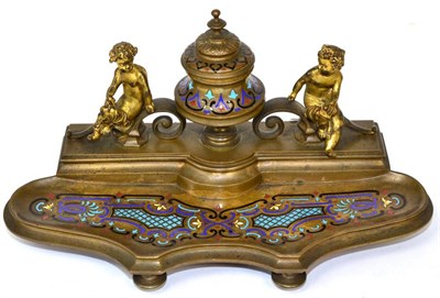 Lot 360 - A Victorian gilt and champlevé enamel desk standish