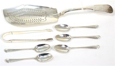 Lot 370 - A William IV silver fiddle pattern fish slice London 1830; a set of six Hanoverian pattern...