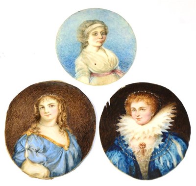 Lot 396 - Three 19th century oval portrait miniatures, two contemporary ladies and a 17th century lady,...