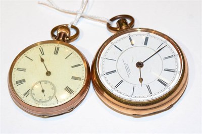 Lot 402 - An open faced pocket watch with case stamped '9K', and a gold filled open faced pocket watch (2)