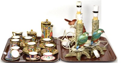 Lot 414 - A Noritake gilt and floral coffee set; three Goebel bird table lamps; and five miniature cups...