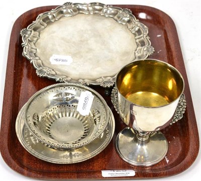 Lot 429 - A Georgian style silver waiter, by FH, Birmingham 1971, 19cm diameter; with a York...