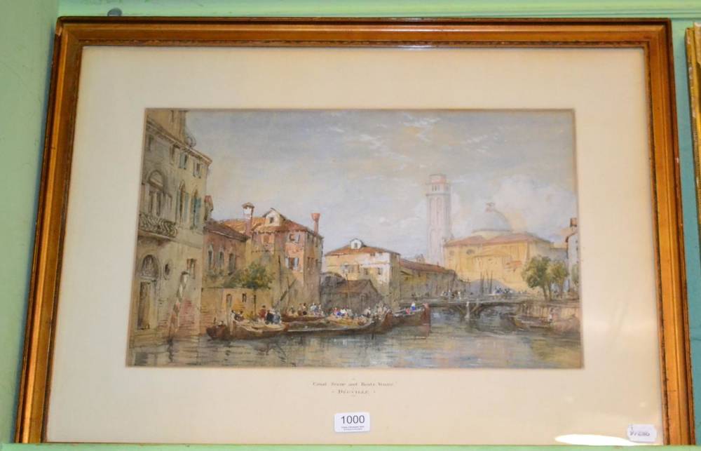 Lot 1000 - Attributed to James Herve D'Egville (c.1806-1880) ''Canal scene and boats, Venice'', watercolour
