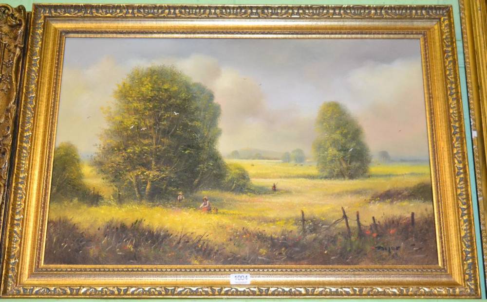 Lot 1004 - Ted Dyer, Rural scene with children in hay meadow, signed, oil on canvas