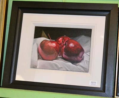 Lot 1011 - Paul Stone (Contemporary), ''Delicious Study'' Red Apples, signed, oil on board, 22cm by 30cm