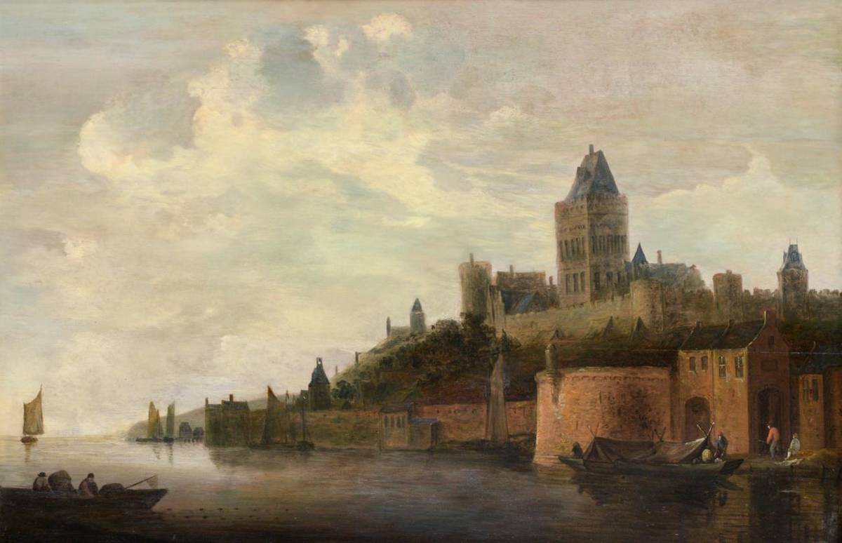 Lot 25 - Follower of Jan Josefsz. van Goyen (1596-1656) Dutch  View of a town from the river,...