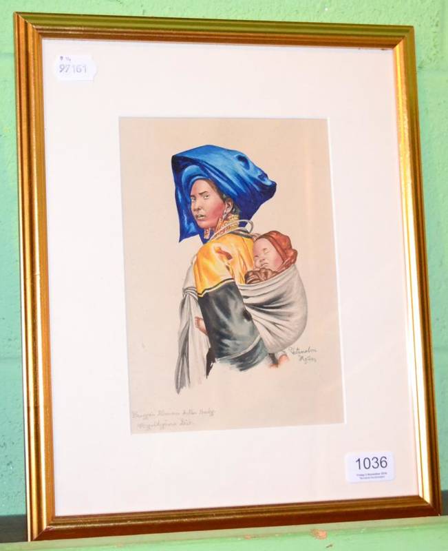Lot 1036 - Yatanabon Mg Su, Burmese mother and child, signed and inscribed, watercolour laid on paper