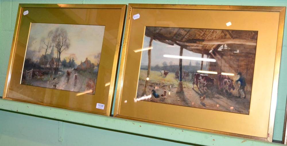 Lot 1038 - S Towers, feeding cattle in a barn, signed watercolour, together with a further unsigned...