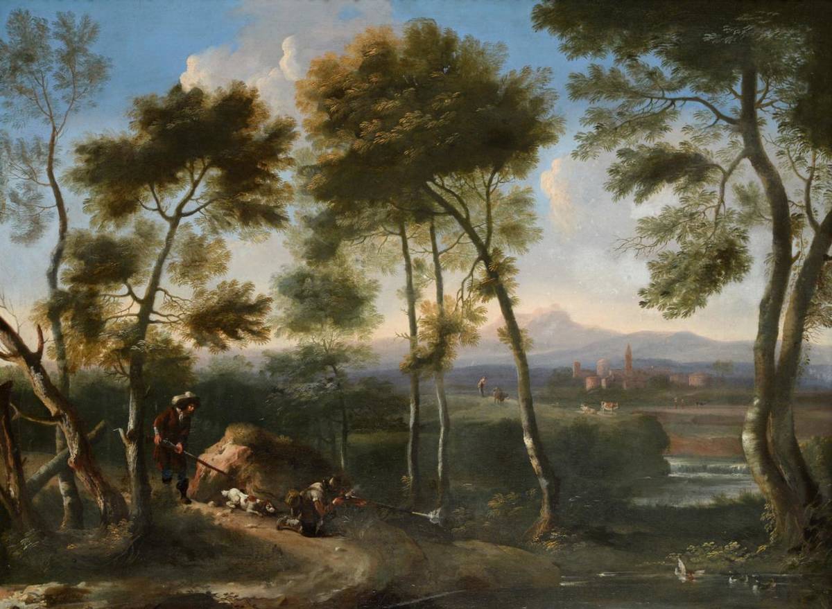 Lot 26 - Follower of Jan Wijnants (c.1635-1684)  Duck shooting  Oil on canvas, 63.5cm by 86cm  See...