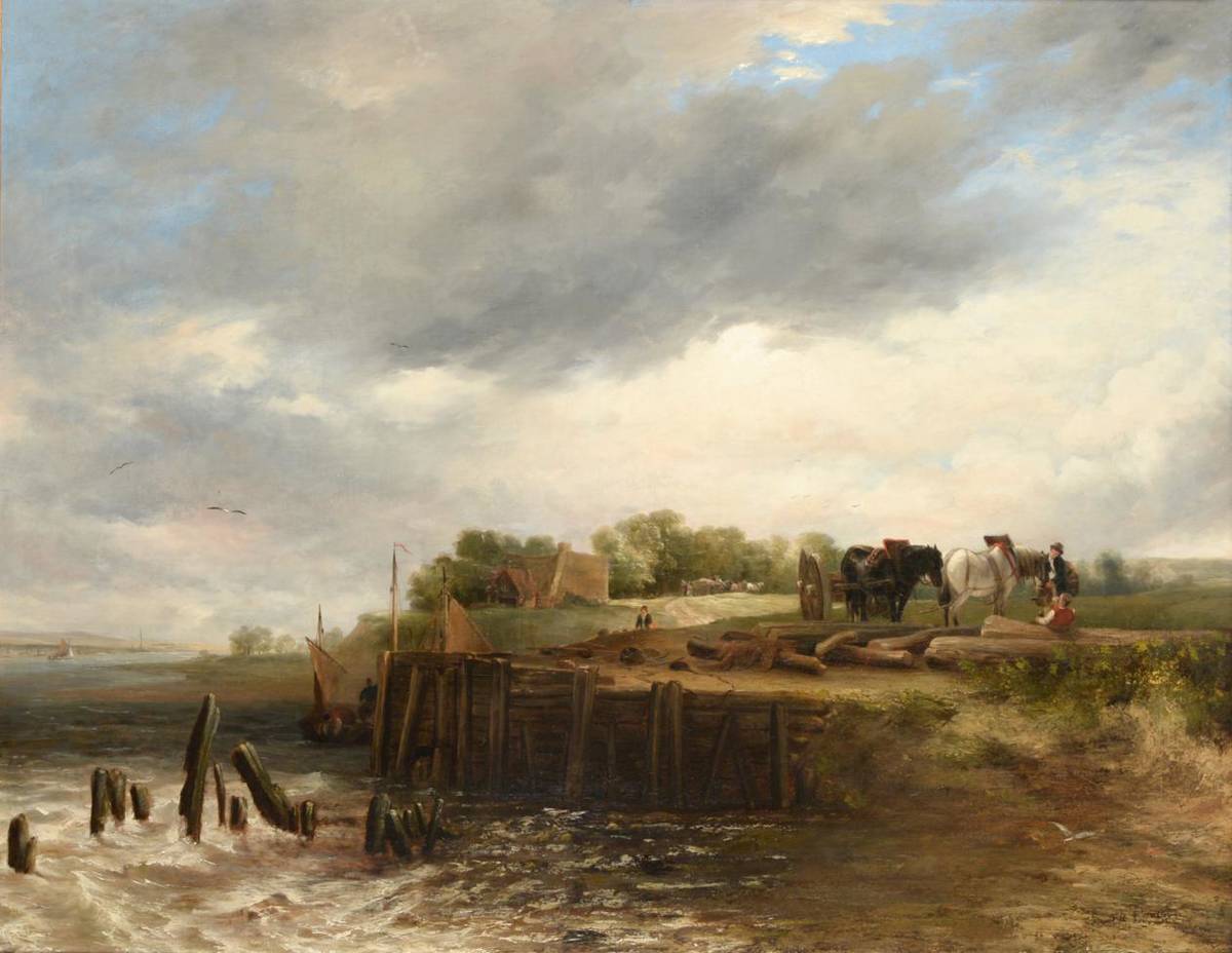 Lot 38 - Frederick Richard Lee (1798-1879)  Team of horses beside an estuary at rest from hauling timber...