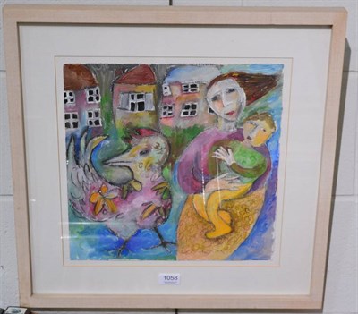 Lot 1058 - Sue Dale (contemporary), Mother & child with a chicken, signed, oil on paper