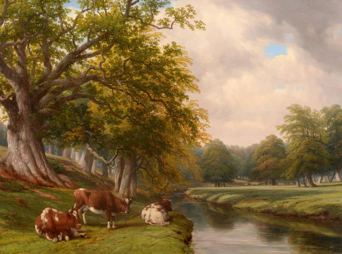Lot 40 - Thomas Baker of Leamington (1809-1869)   Cattle resting beside a river in a wooded landscape Signed