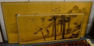 Lot 1084 - Two Japanese four fold wall hanging panels, decorated with a mountainous landscape scene and bamboo