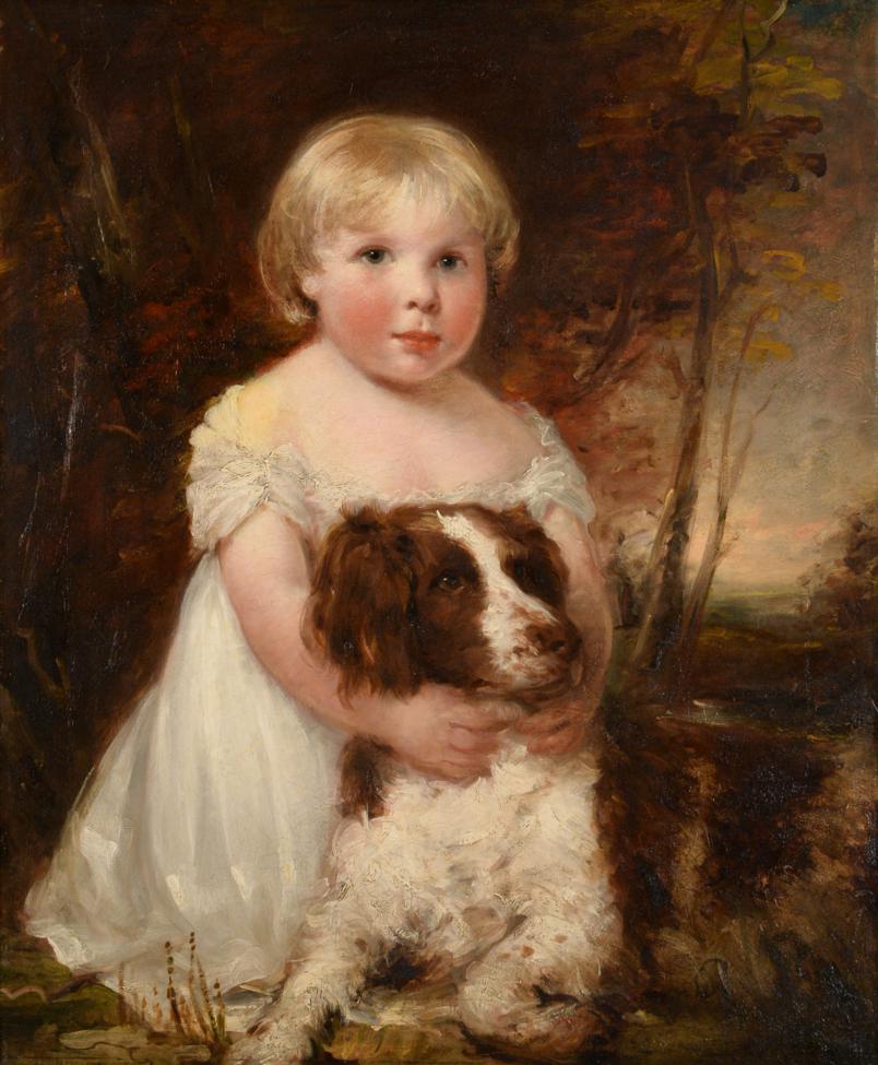 Lot 77 - Circle of Margaret Sarah Carpenter (1793-1872) Portrait of a young child kneeling in a wooded...
