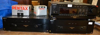 Lot 1112 - Sony 2 amplifiers; a graphic equaliser; together with a Pentax camera and lens