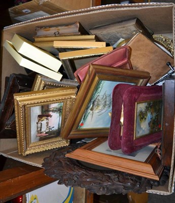 Lot 1121 - A box of reproduction portrait miniatures and oils, a quantity of assorted frames and a...