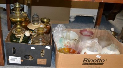 Lot 1140 - Six Victorian oil lamps including brass and glass examples (three converted to electricity)...