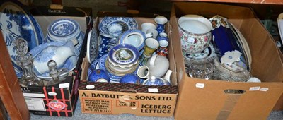 Lot 1145 - A mixed quantity of blue and white ceramics, mixed part dinner and tea wares, three glass decanters