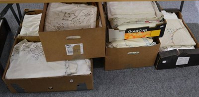 Lot 1168 - Assorted embroidered textiles including and linen bed covers etc (six boxes)