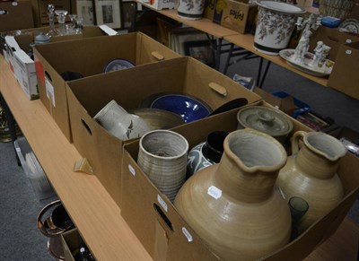 Lot 1177 - Five boxes of various studio pottery and art glass including Whitefriars etc