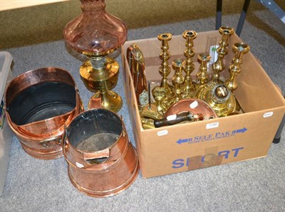 Lot 1186 - A group of 19th century copper and brass including an oil lamp, copper coal scuttle, etc