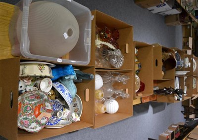 Lot 1197 - A quantity of decorative ceramics and glass including glass shades, six glass decanters etc,...