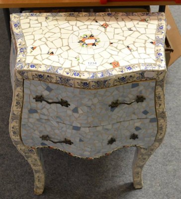 Lot 1234 - A modern two drawer bombe commode cabinet with tile fragment mosaic finish, 72cm high