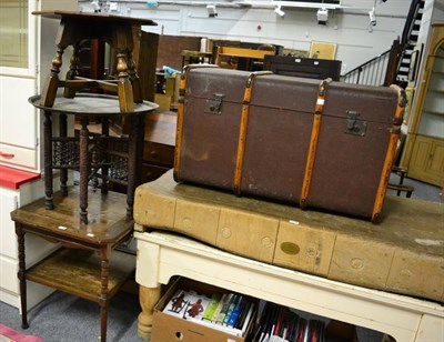 Lot 1237 - An Indian folding occasional table with copper tray top; two smaller occasional tables; a...