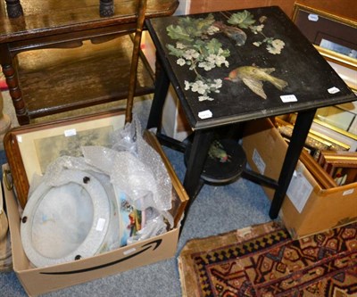 Lot 1243 - An ebonised occasional table, handpainted birds and floral decoration; with a twin-handled...