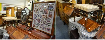 Lot 1256 - A bedroom cabinet; a bureau; a stool; a tray; a dressing table; a leatherette stool; a shield...