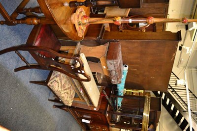 Lot 1259 - A pine school desk; four stools; a small travelling case; a single dining chair; an inlaid over...