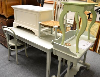 Lot 1262 - A group of painted furniture comprising a Victorian washstand, side table, blanket box, kitchen...