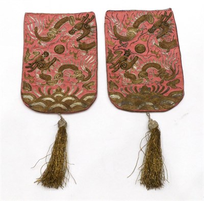 Lot 167 - Two Chinese Silk Bags, worked in silver and gold thread with dragons chasing the flaming pearl,...