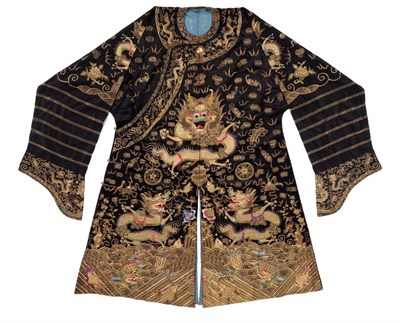 Lot 169 - A Chinese Silk Court Robe, late 19th century, worked in gold and coloured threads with dragons,...