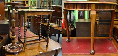 Lot 1312 - A reproduction demi-lune side table on claw and ball feet; a small oak occasional table; a mahogany