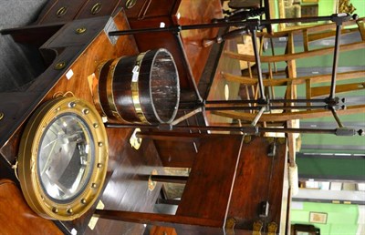 Lot 1325 - An oak brass bound bucket; a 19th century style circular convex mirror and a folding mahogany...