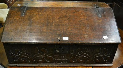 Lot 1329 - An 18th century oak bible box, the carved front initialled A.H and dated 1732