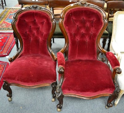 Lot 1360 - Two Victorian walnut bedroom chairs with button back red velvet upholstery