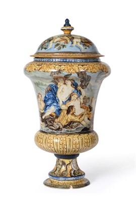 Lot 216 - A Castelli Maiolica Urn Shaped Vase and Cover, circa 1740, of campana form painted with a band...